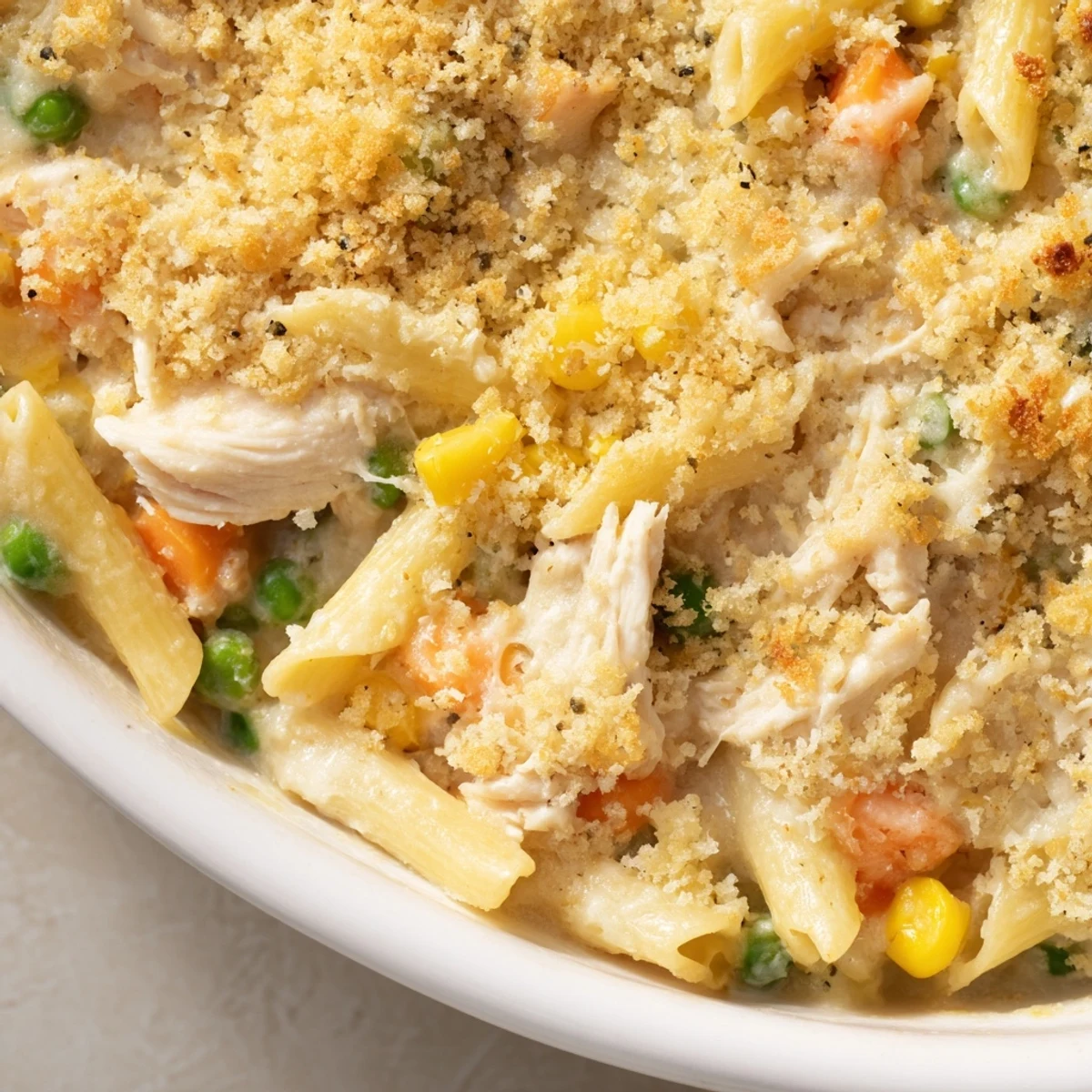 Golden bubbling chicken pot pie pasta with crispy panko parmesan topping fresh from oven
