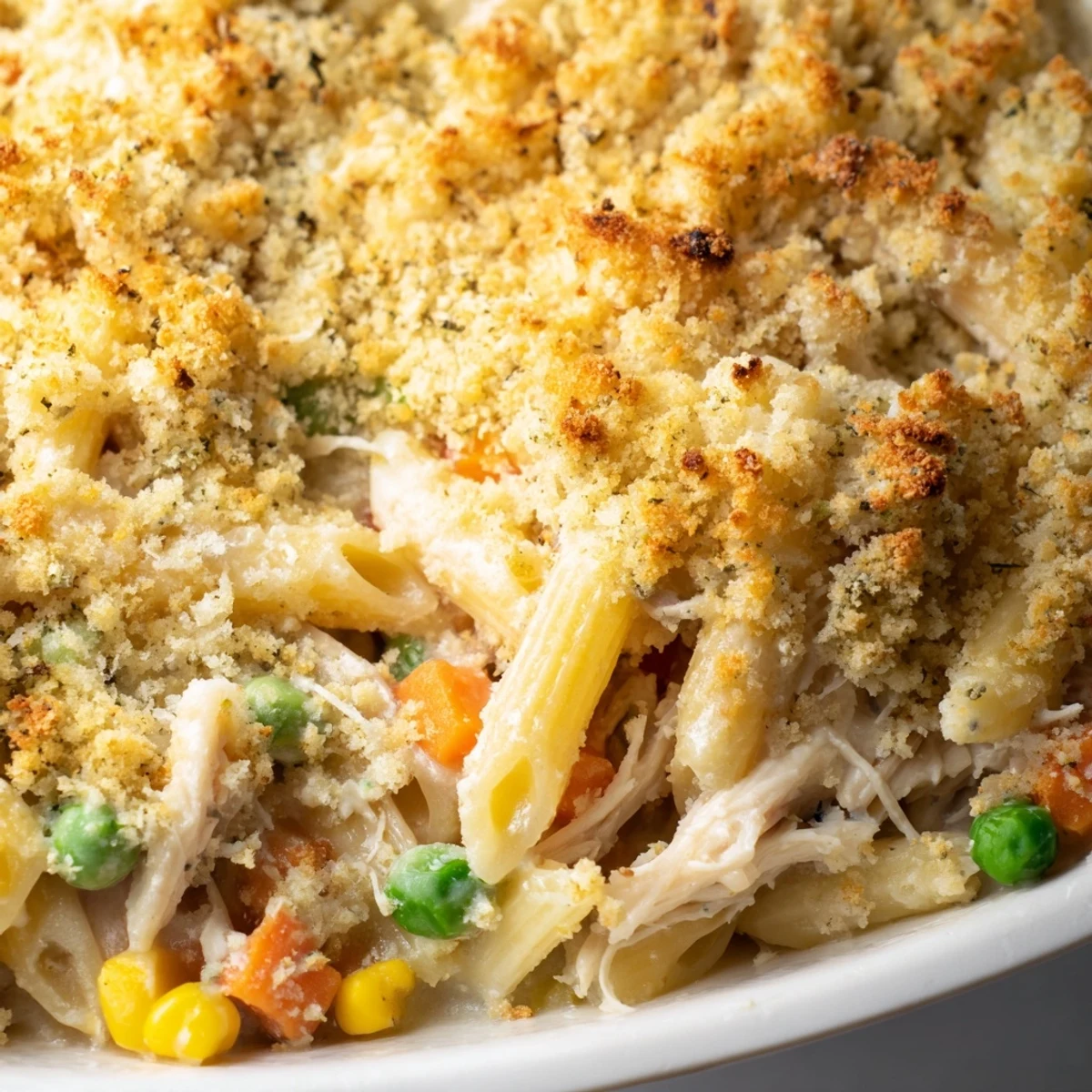 Hearty chicken pot pie pasta baked in golden crust with peas carrots and corn filling