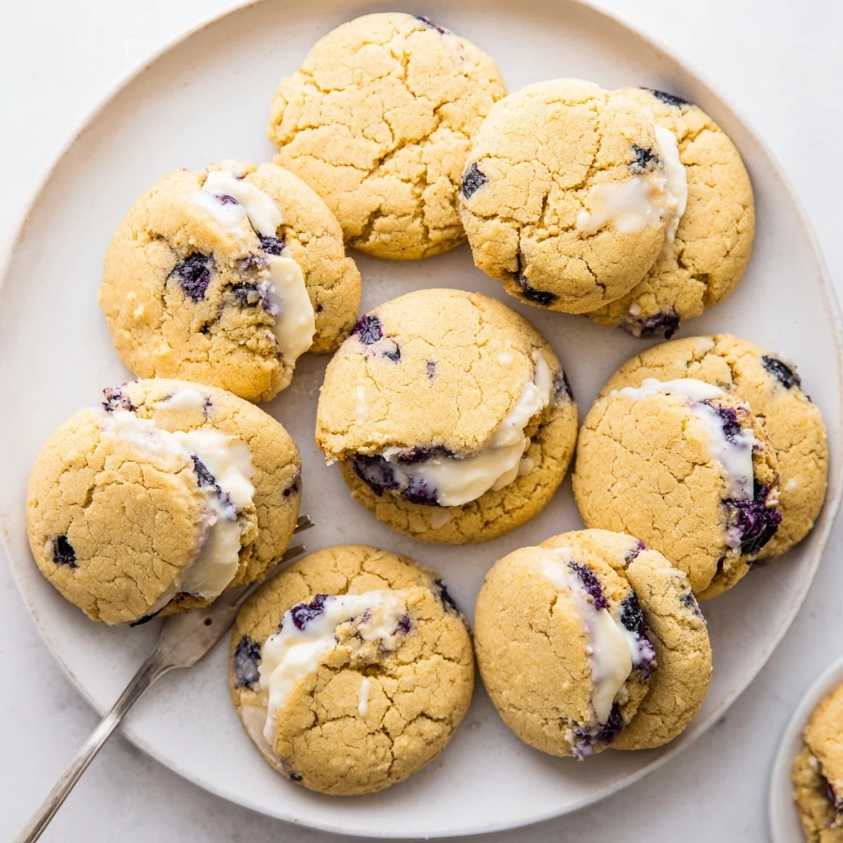 Golden baked lemon blueberry cheesecake cookies drizzled with tangy glaze and fresh blueberry garnish