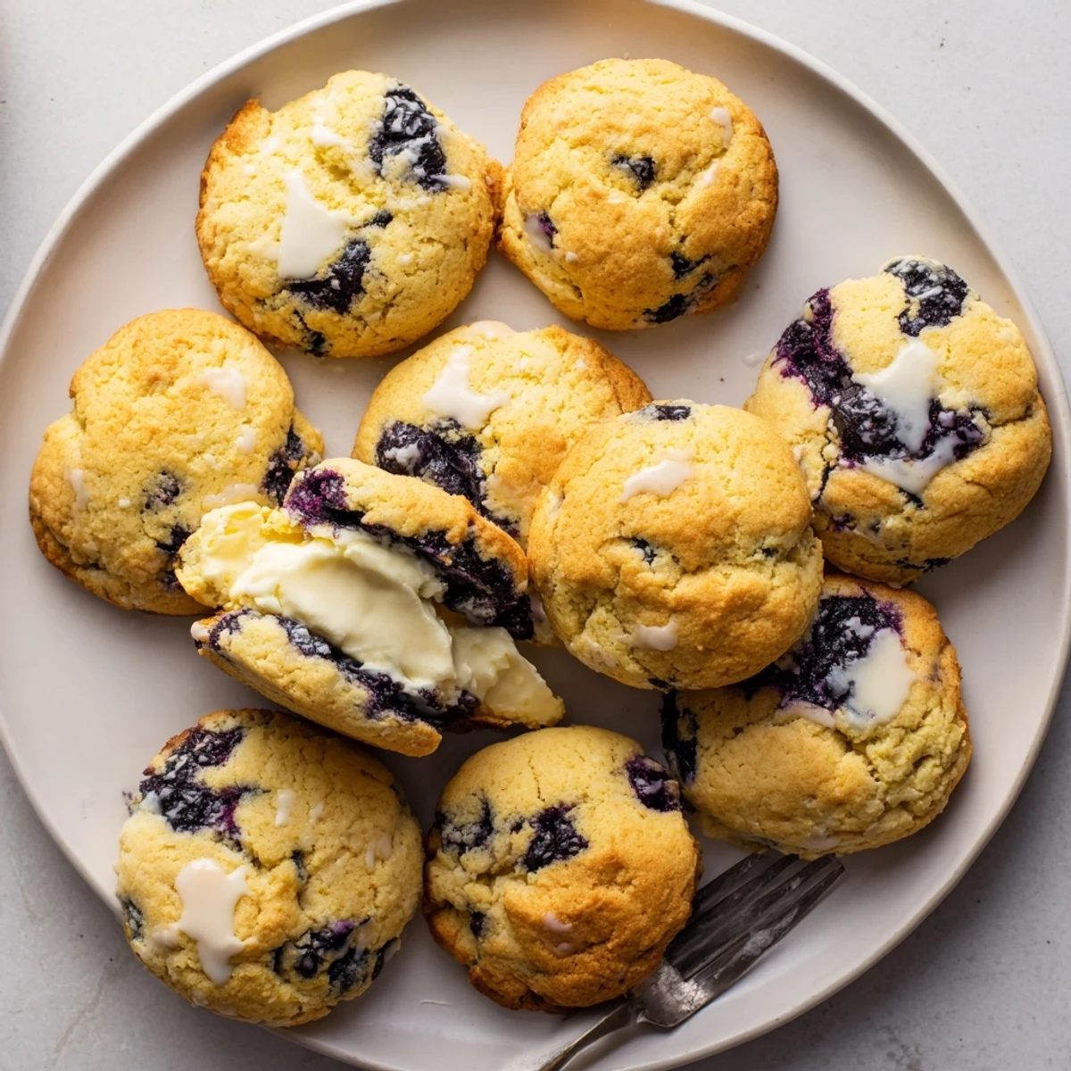 Two tender lemon blueberry cheesecake cookies torn open to reveal their sweet cream cheese filling