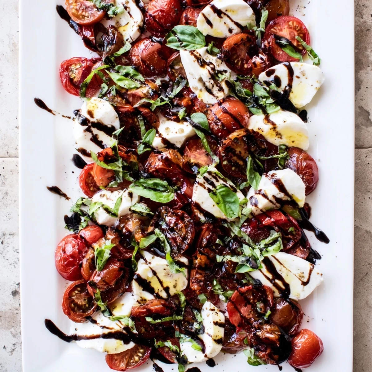 Golden roasted cherry tomatoes stacked with fresh mozzarella and basil on a white serving platter
