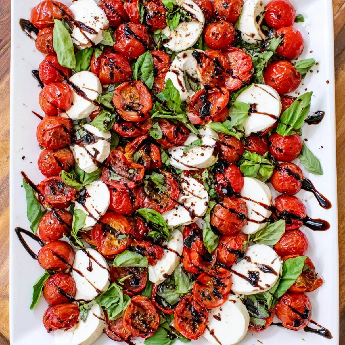 Vibrant Caprese salad featuring caramelized tomatoes drizzled with balsamic glaze and scattered basil leaves