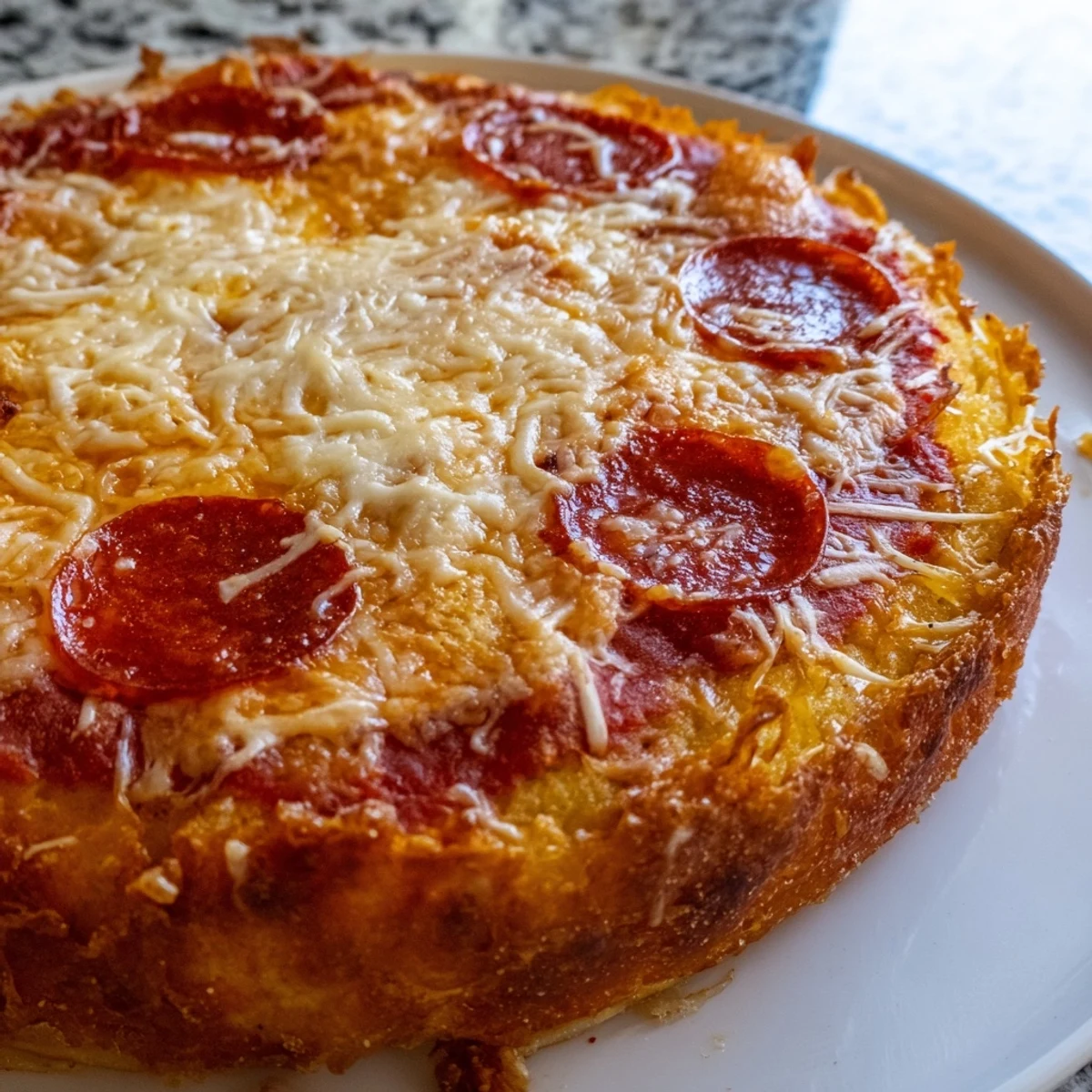 Golden pan pizza with bubbly melted cheese and pepperoni on a thick crispy crust