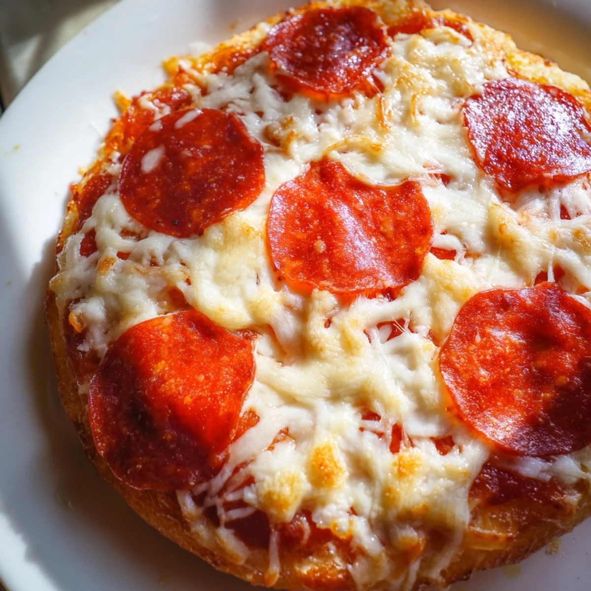 Homemade pan pizza topped with mozzarella and pepperoni baked in a round cake pan
