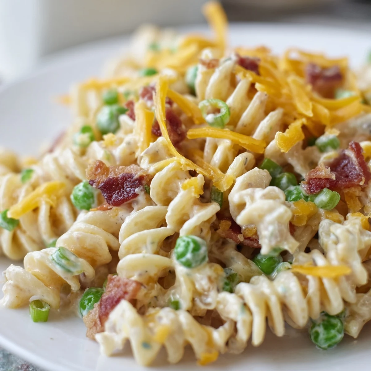 Creamy crack pasta salad loaded with crispy bacon, sharp cheddar cheese, and green onions