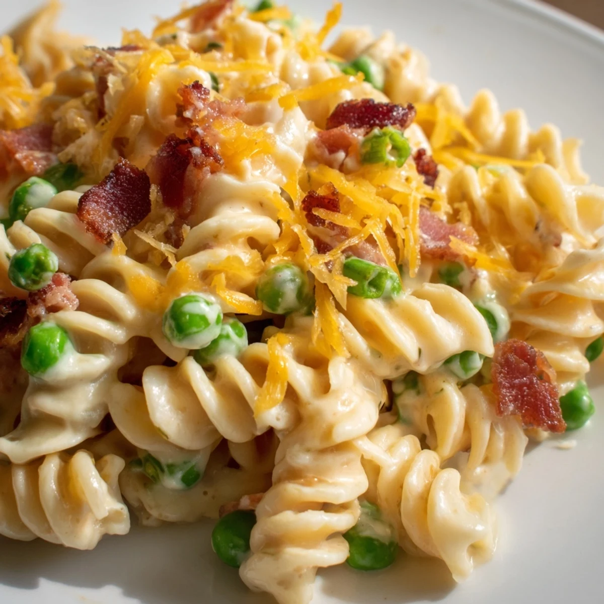 Cold pasta salad tossed with sour cream dressing, bacon bits, peas, and cheddar cheese
