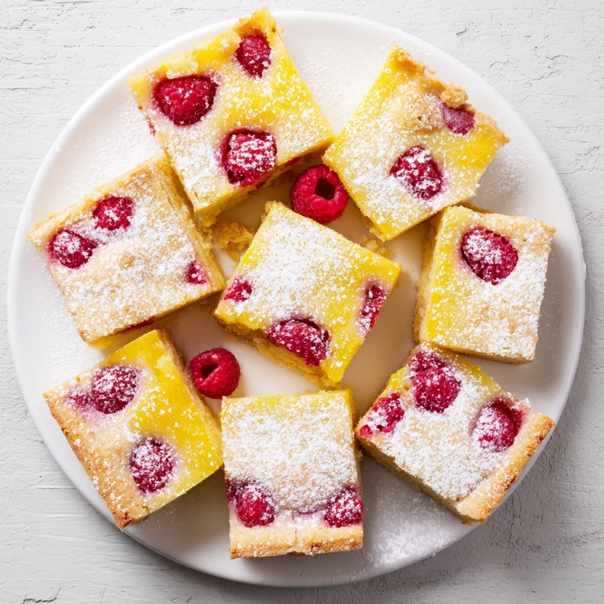 Buttery shortbread crust topped with bright red raspberries and lemon curd filling