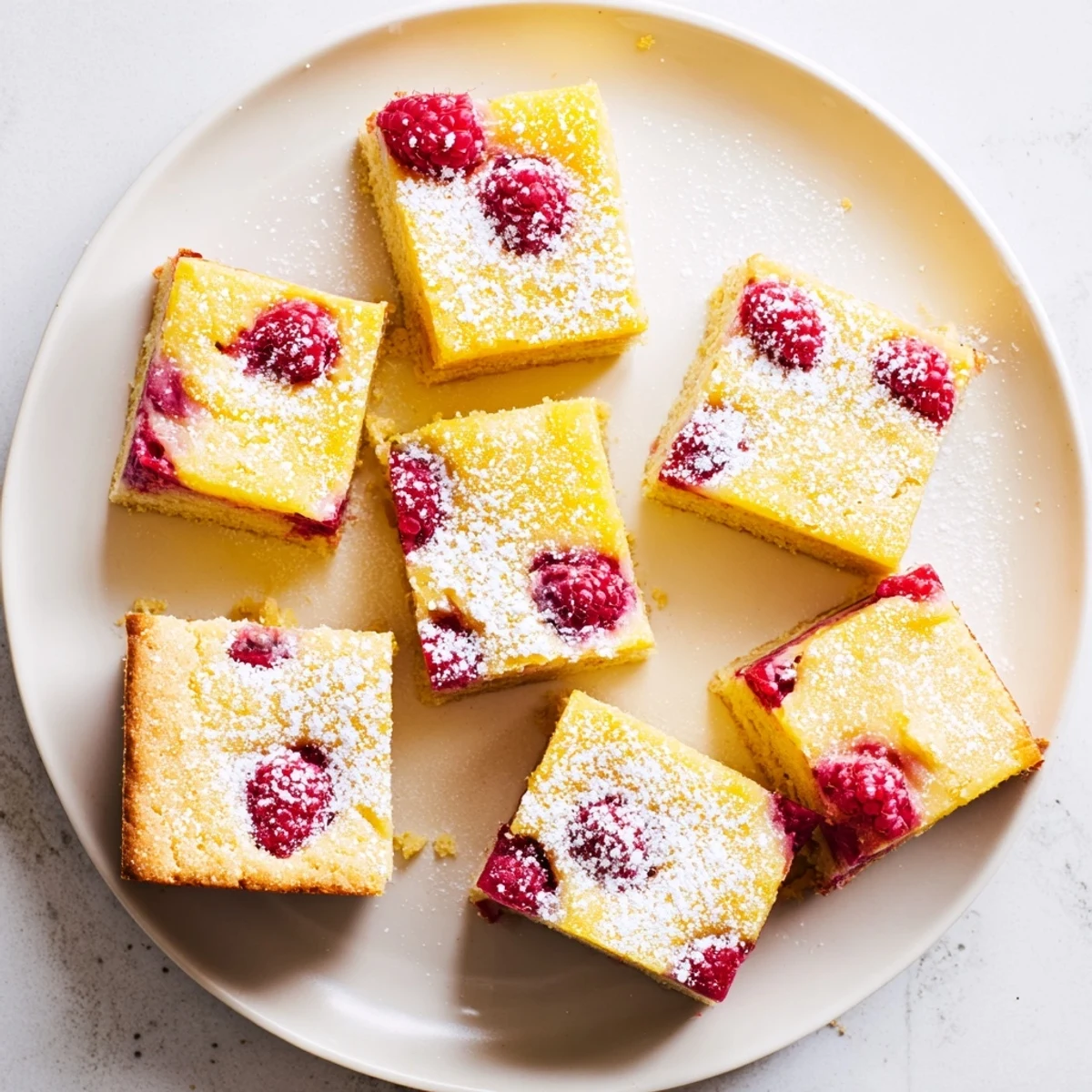 Golden lemon raspberry bars on a white plate with powdered sugar dusting