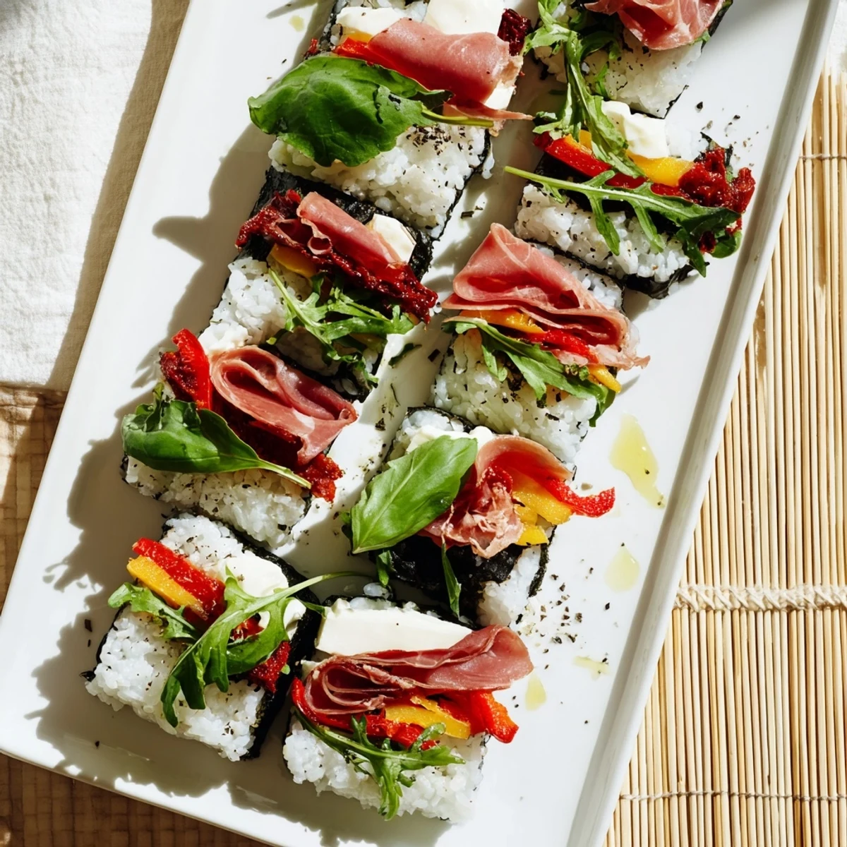 Colorful Italian sushi rolls featuring prosciutto, mozzarella, roasted peppers, and fresh basil wrapped in nori