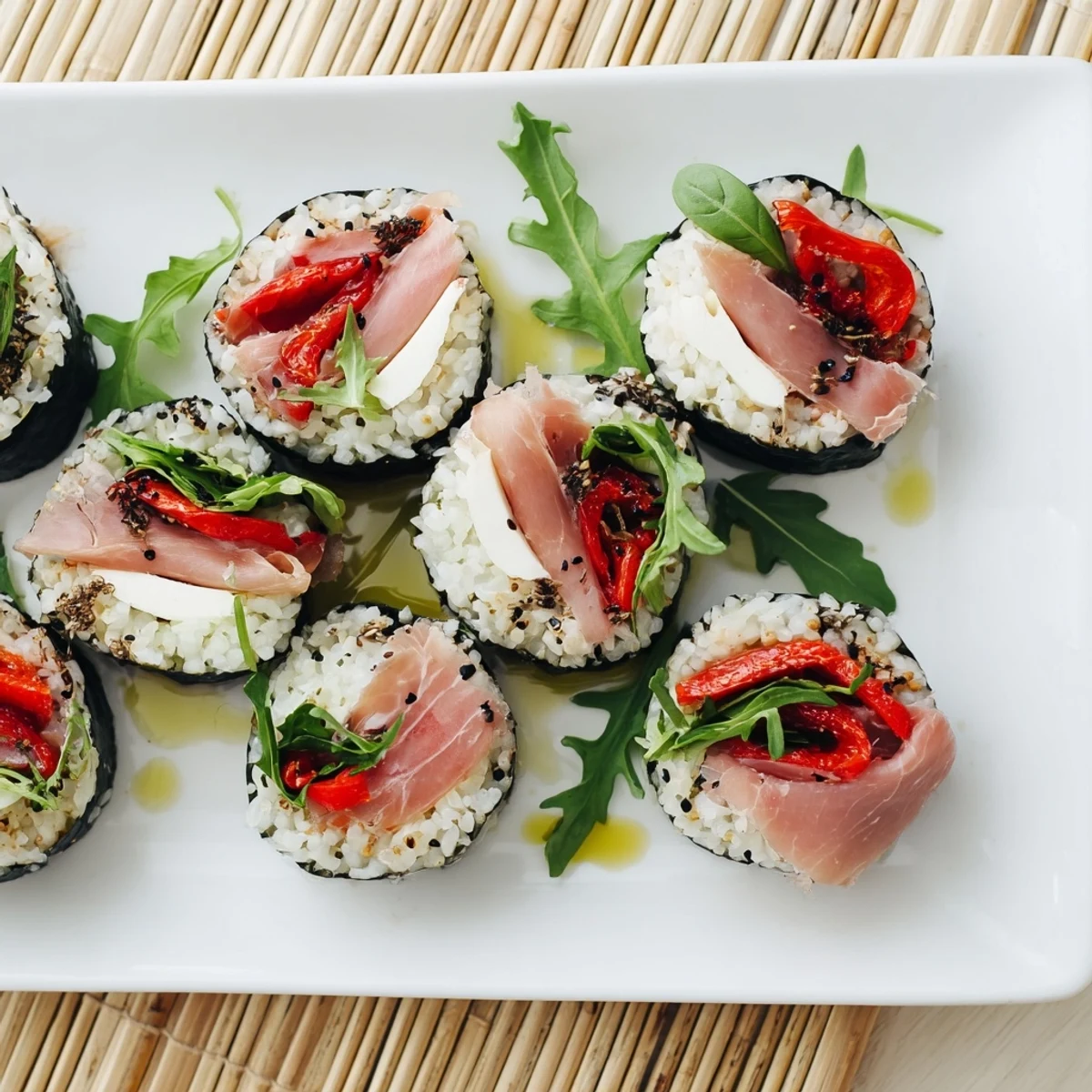 Fusion appetizer of Italian sushi arranged on a platter with balsamic glaze drizzle and garnish