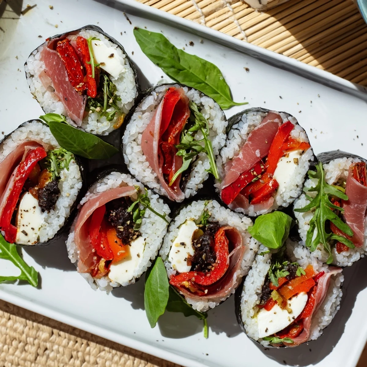 Close-up of Italian sushi showcasing rice layered with sun-dried tomatoes, arugula, and mozzarella strips