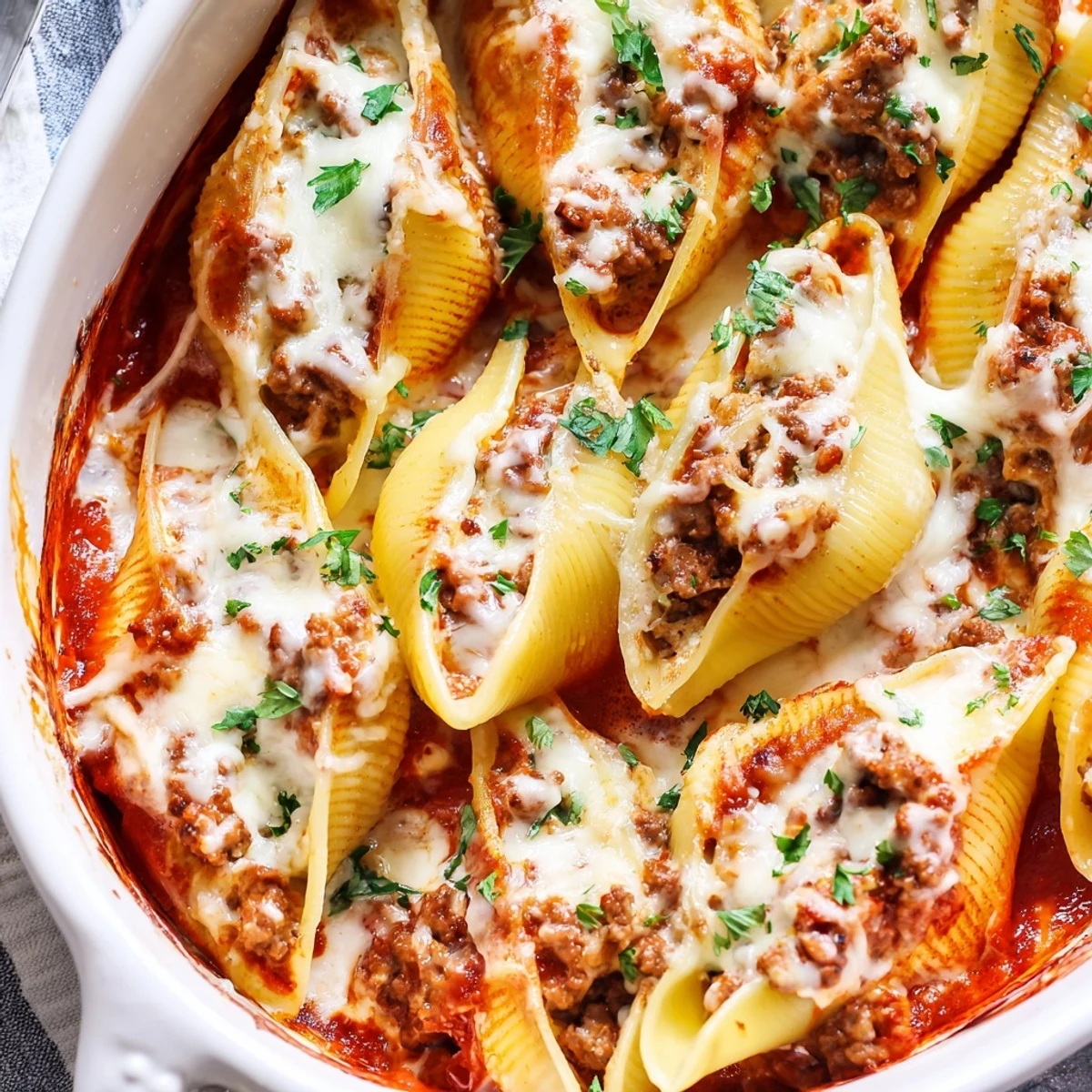 Golden brown jumbo pasta shells stuffed with seasoned beef and ricotta in creamy red sauce