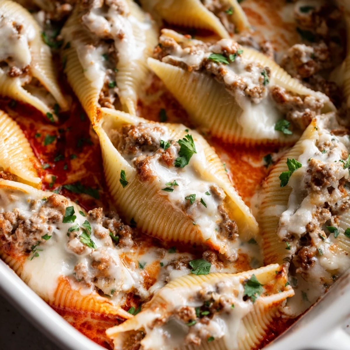 Baked Italian pasta dish with tender cheese-filled shells and melted mozzarella topping