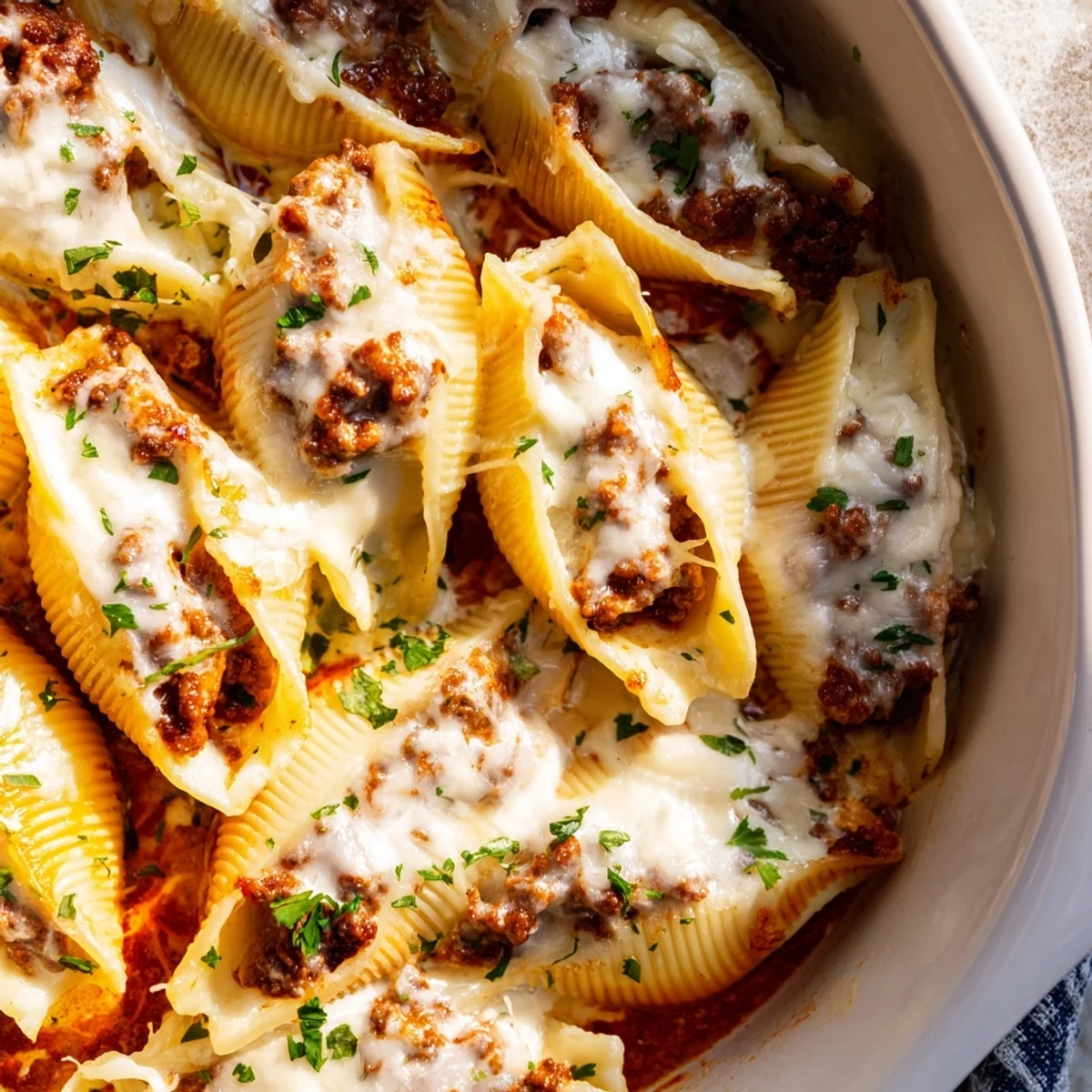 Comfort food casserole featuring meat and cheese stuffed pasta shells in rich marinara cream sauce