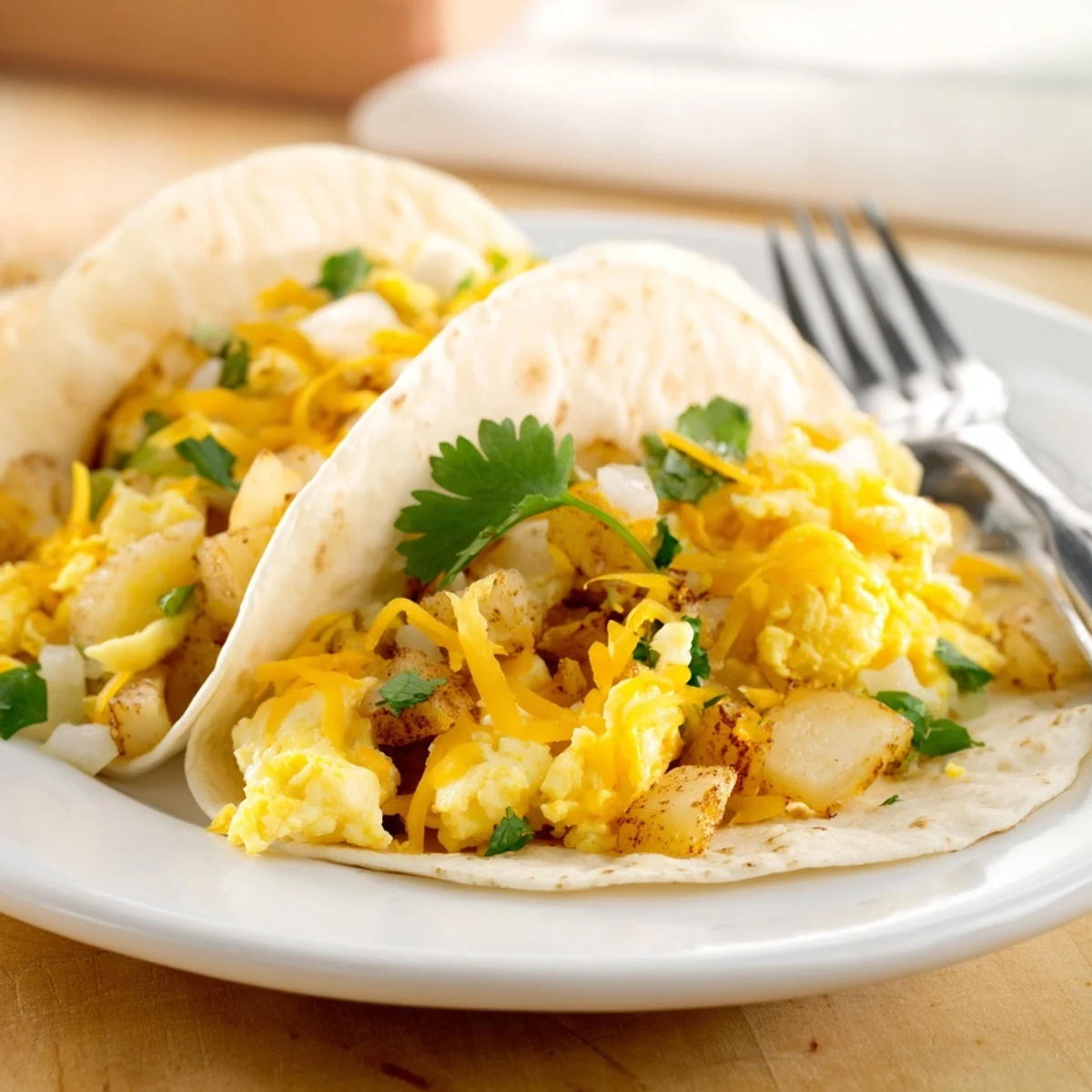 Golden potato egg cheese breakfast tacos filled with fluffy scrambled eggs and melted cheddar