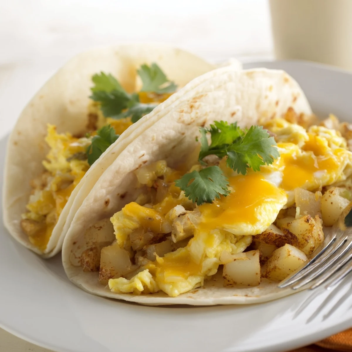 Warm flour tortillas wrapped around crispy potatoes and cheesy scrambled eggs for breakfast