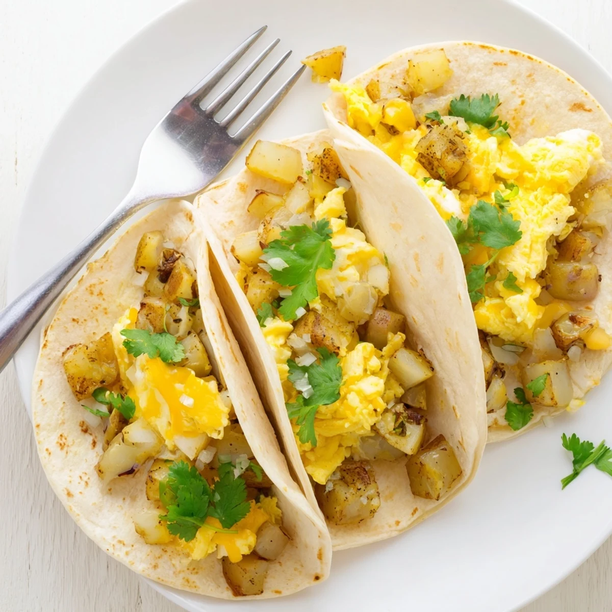 Tex-Mex breakfast tacos stuffed with seasoned potatoes, eggs, and cheese topped with fresh cilantro