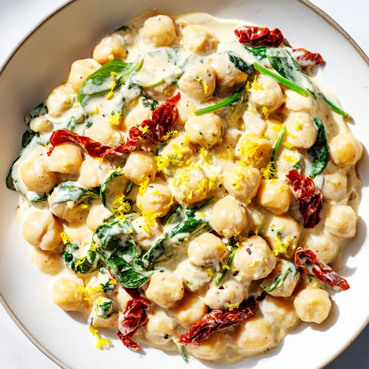 Creamy Marry Me Chickpeas served in a white bowl with fresh basil garnish