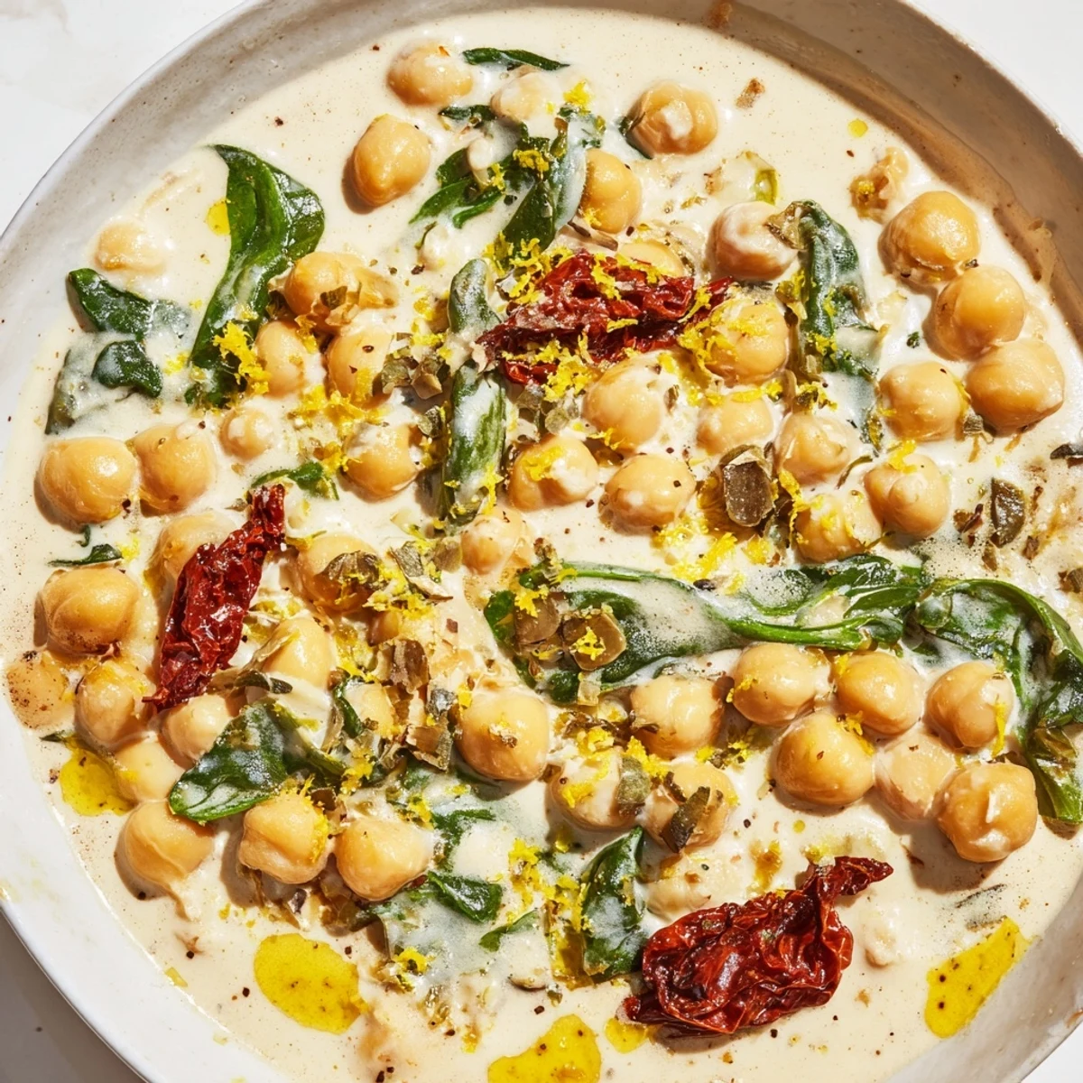 Golden chickpeas simmered in rich cream sauce with sun-dried tomatoes and spinach