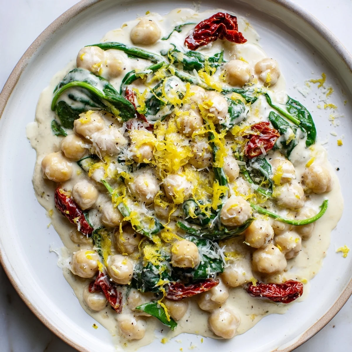 Hearty Marry Me Chickpeas plated with crusty bread and lemon zest sprinkled on top