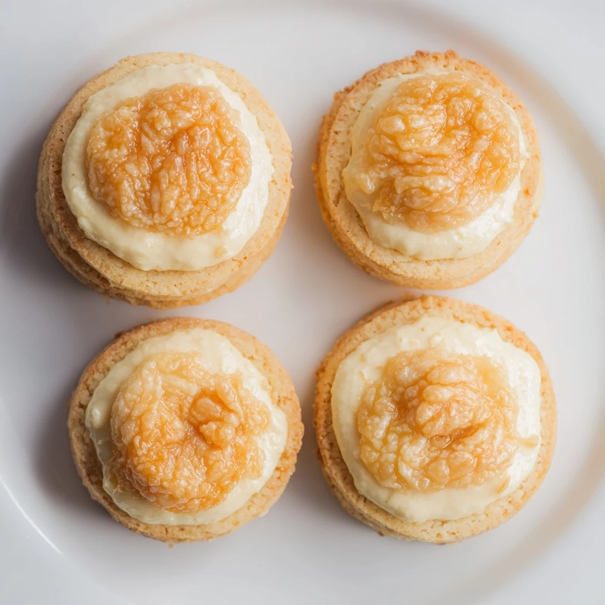 Golden crème brûlée shortbread cookies with cracked caramelized sugar tops on a white plate