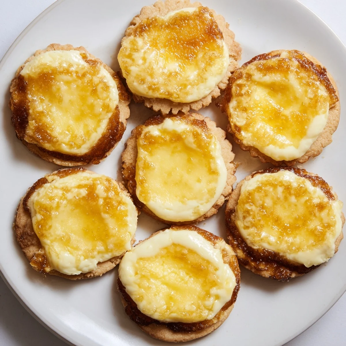 Close-up of crème brûlée shortbread cookies showing crisp sugar shards and custard filling