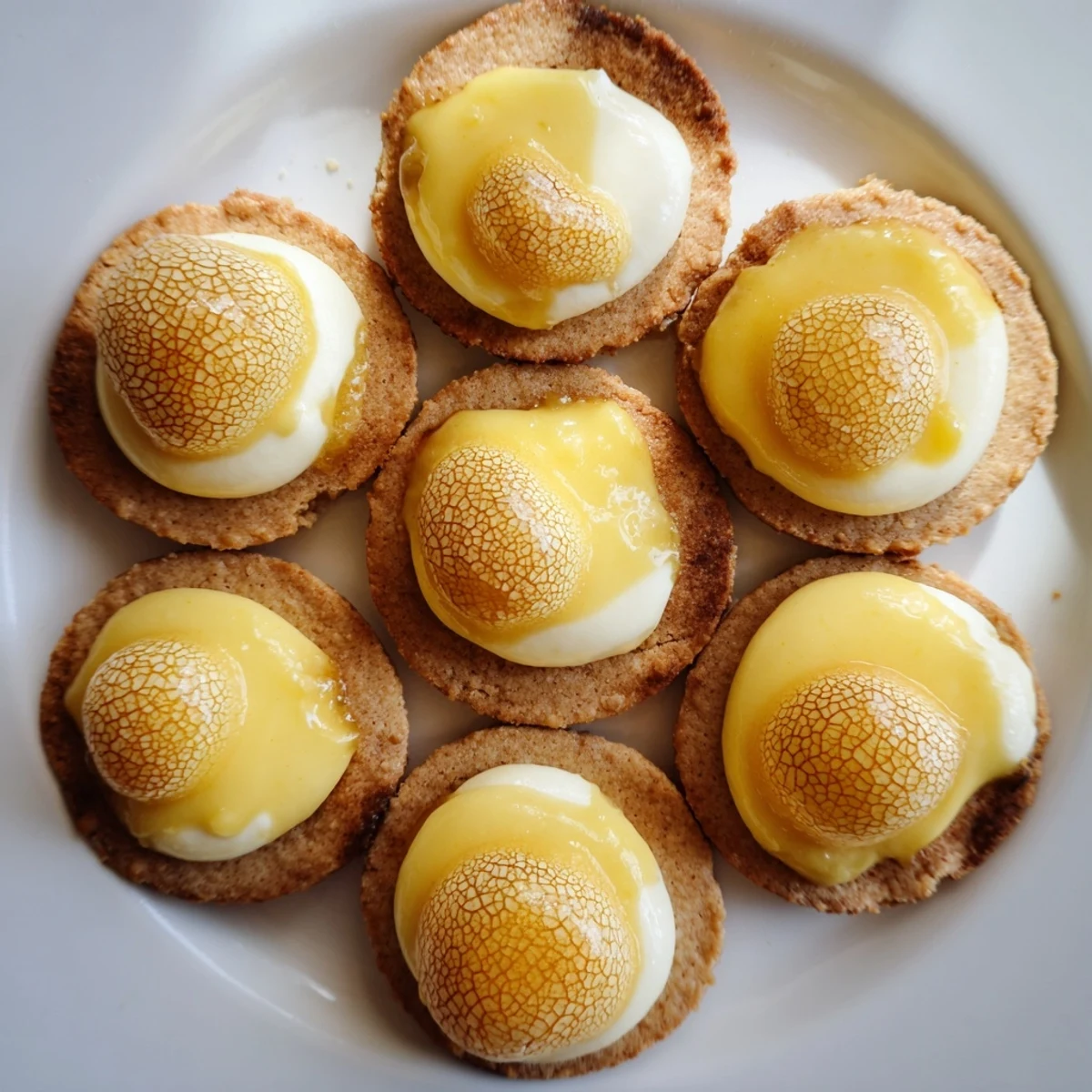 Buttery shortbread cookies topped with creamy custard and torched caramelized sugar serving