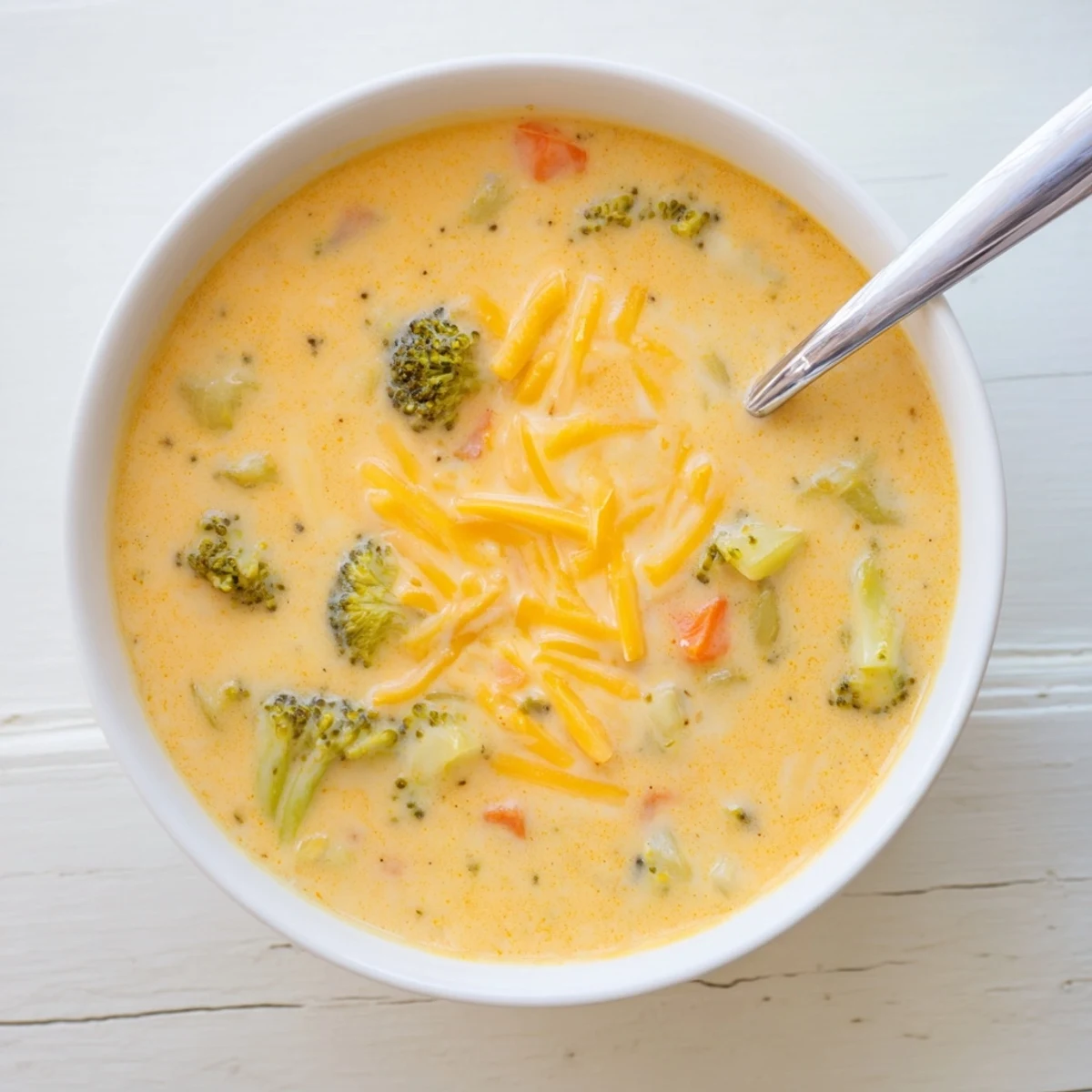 Steaming bowl of creamy slow cooker broccoli cheddar soup topped with melted shredded cheese