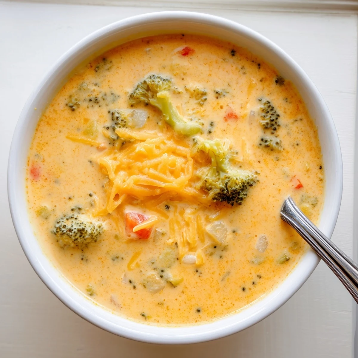 Rich velvety slow cooker broccoli cheddar soup in a white bowl with wooden spoon