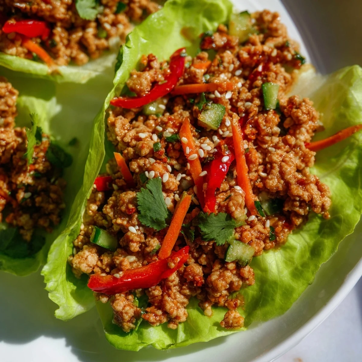 Savory ground turkey lettuce wrap bowls topped with sesame seeds cilantro and bright lime wedges