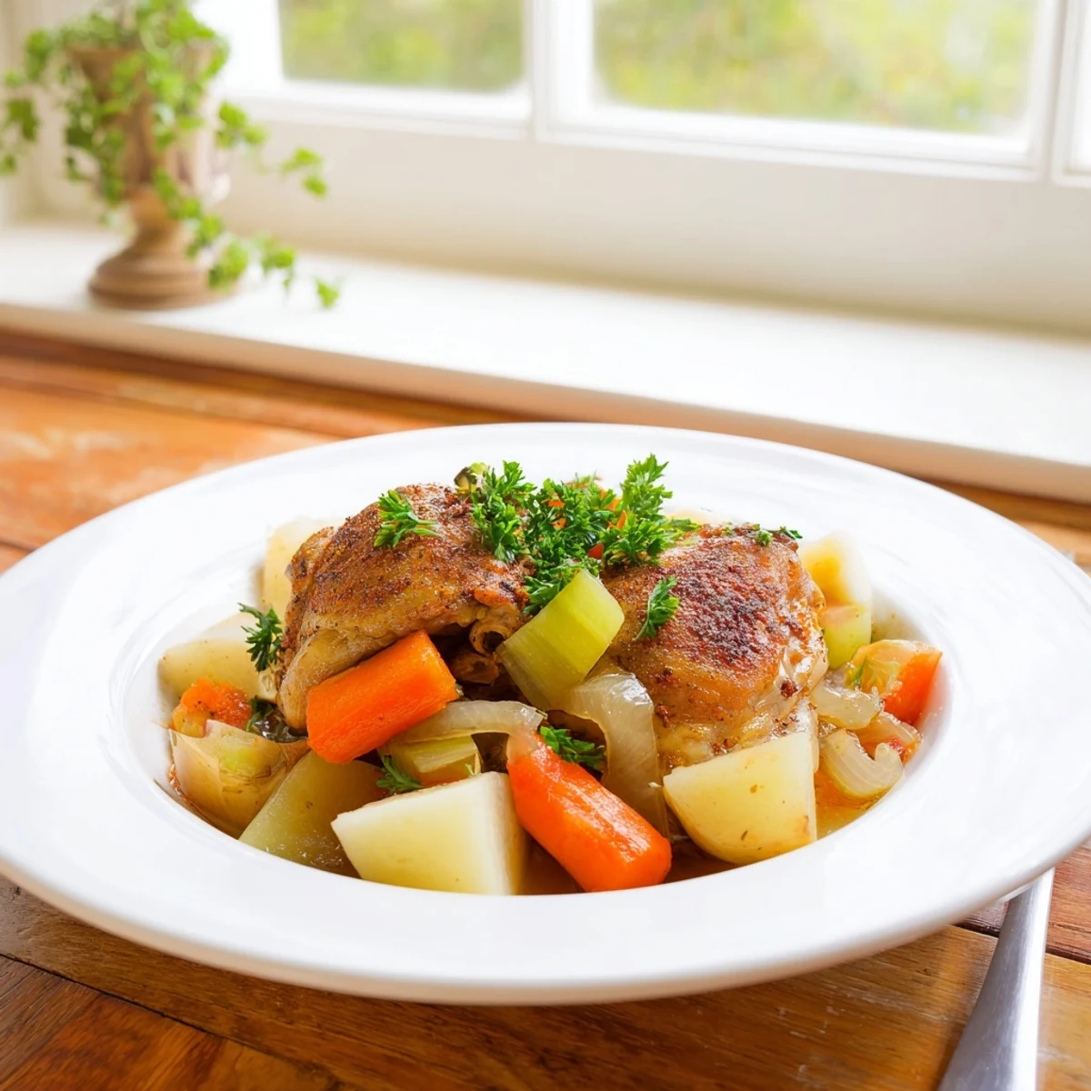 Slow cooker chicken dinner with tender vegetables in golden herb sauce ready to serve