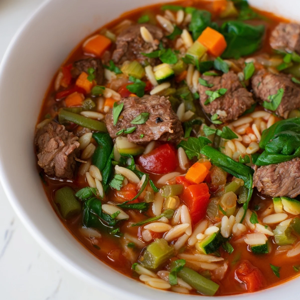 Hearty beef and orzo soup simmering with colorful garden vegetables in steamy broth
