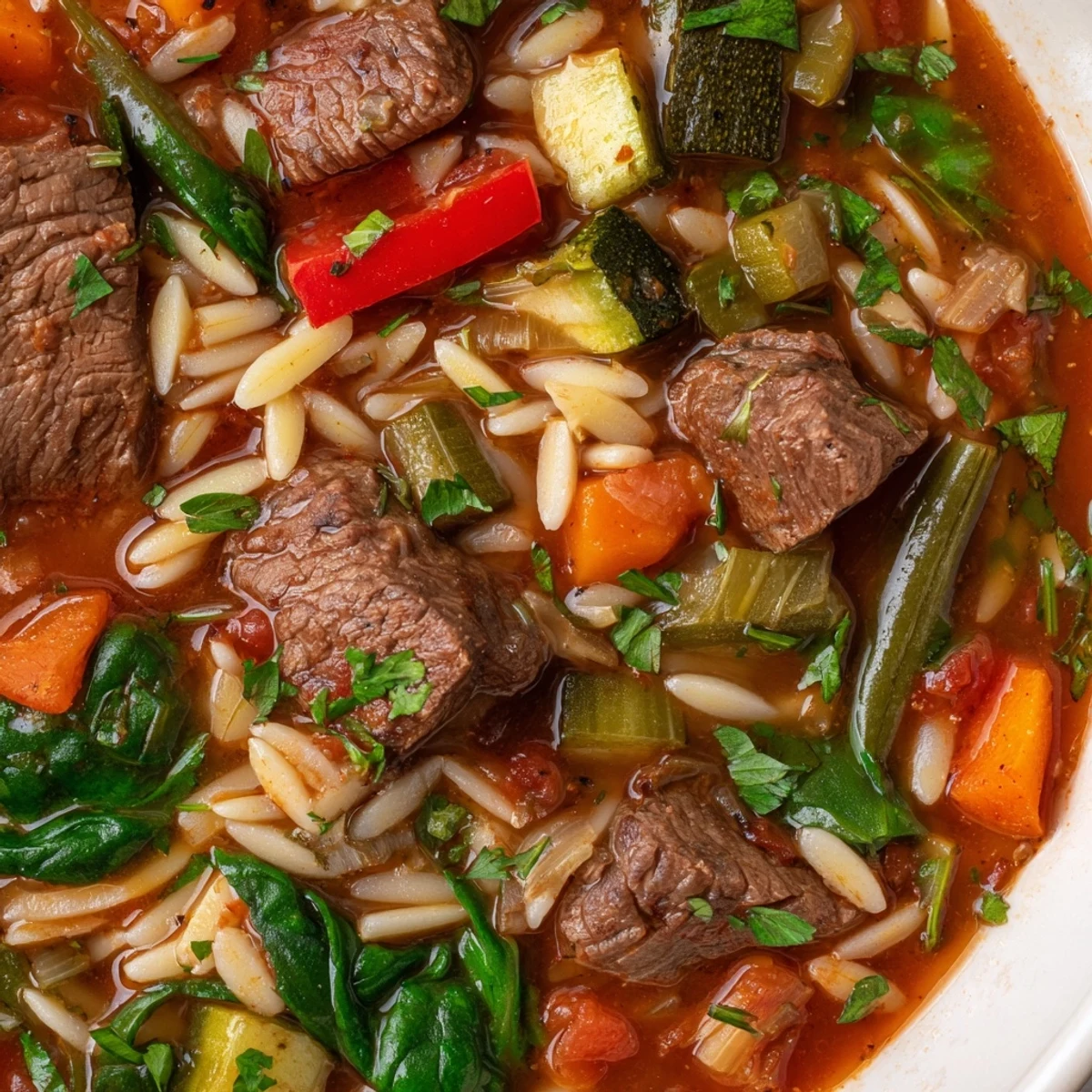 Steaming bowl of hearty beef and orzo soup topped with fresh parsley garnish