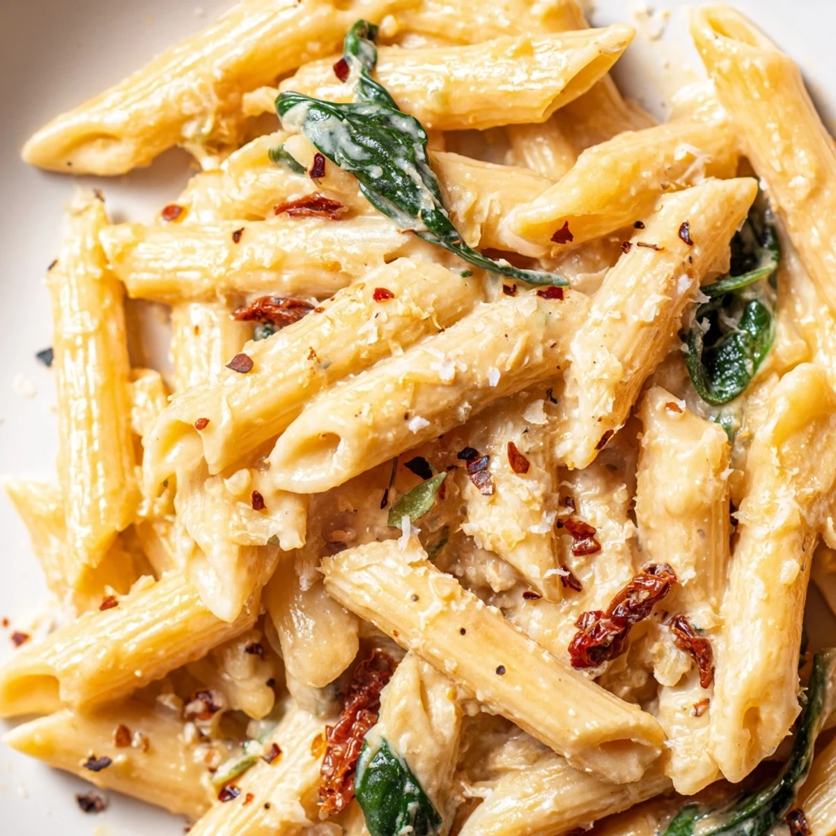 Creamy sun dried tomato spinach pasta twirled in a rustic cast iron skillet with parmesan garnish