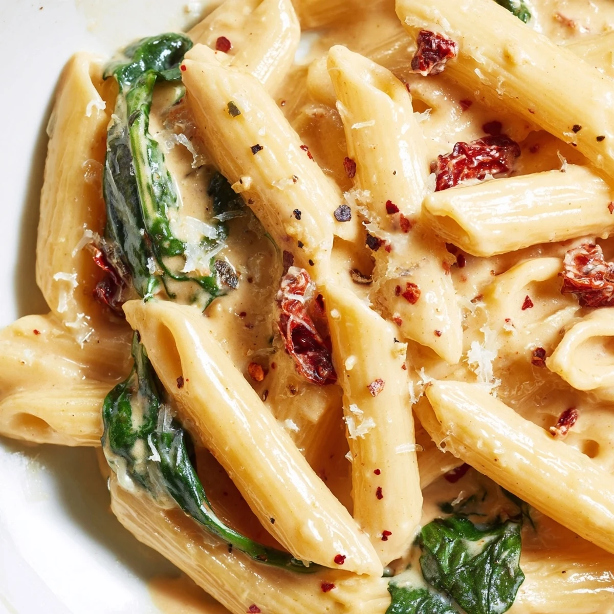 Steaming bowl of sun dried tomato spinach pasta with velvety pink cream sauce coating each noodle