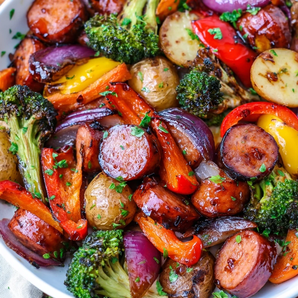 One Pan Honey Garlic Kielbasa Veggies arranged on a baking sheet with caramelized glazed sausage and colorful tender roasted vegetables