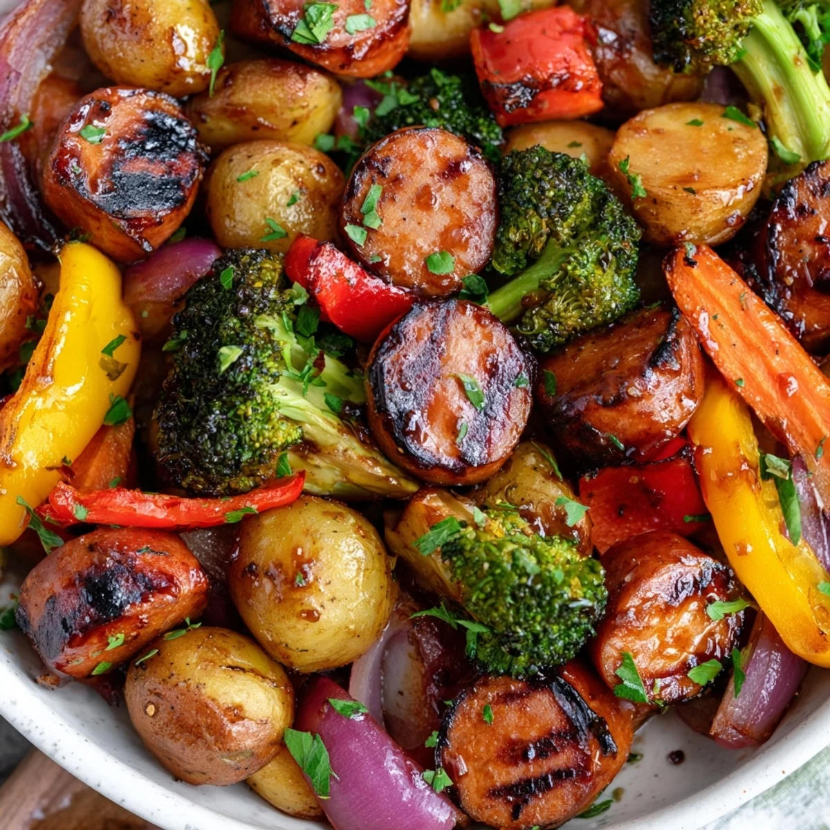 Golden brown sliced kielbasa and vibrant vegetables coated in sticky sweet honey garlic glaze roasted to perfection
