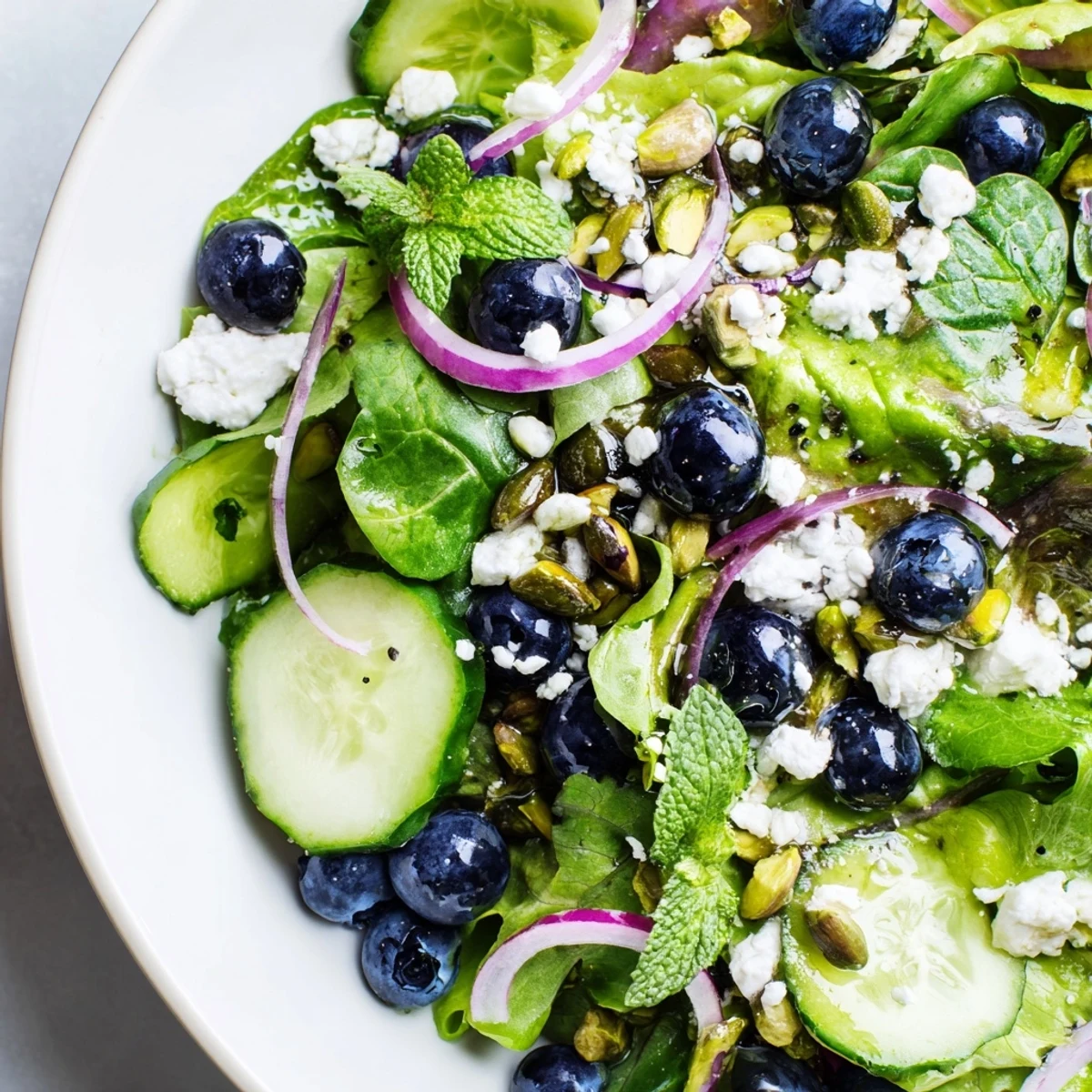 Fresh blueberry pistachio spring salad topped with crumbled feta and zesty lemon dressing
