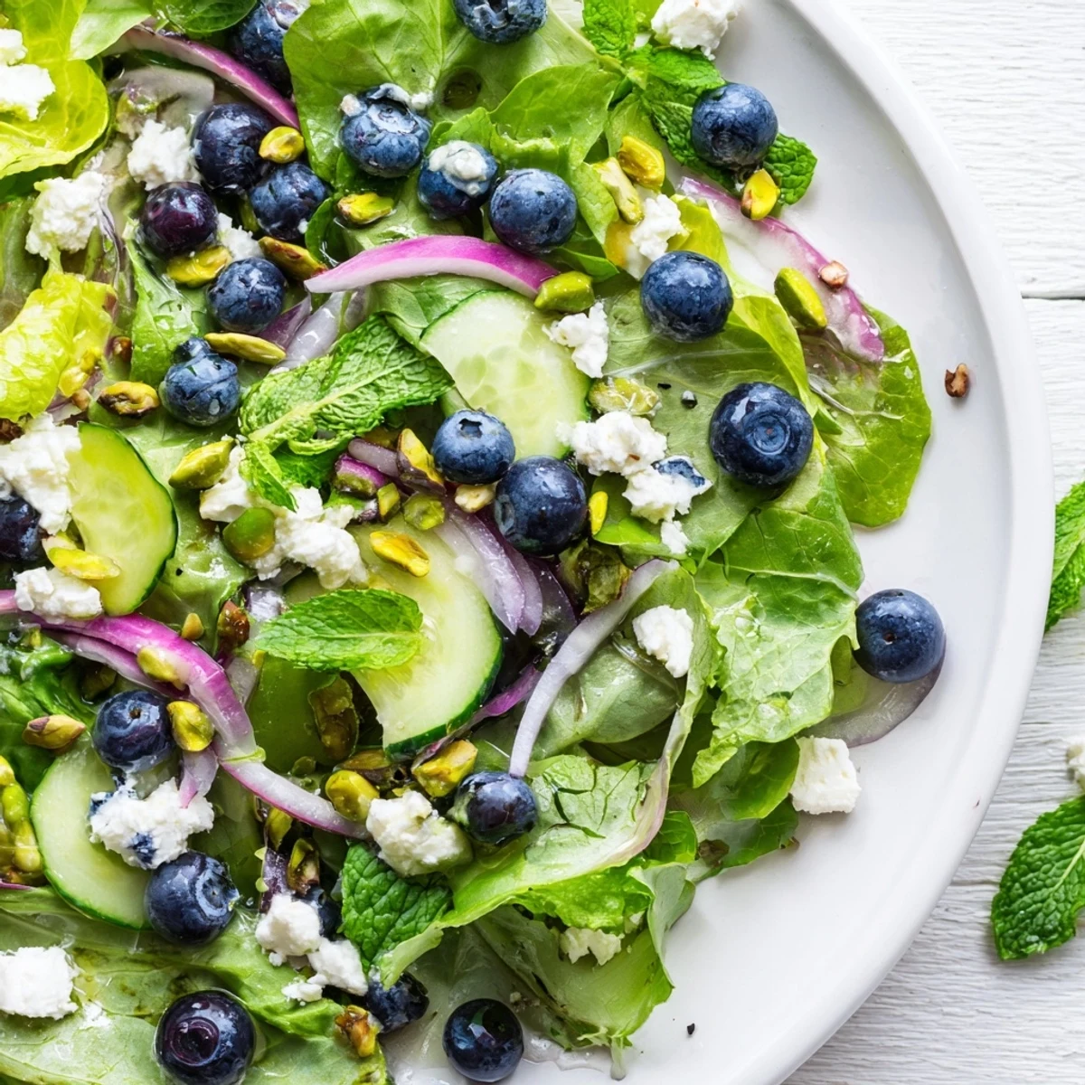 Vibrant blueberry pistachio spring salad featuring crisp greens cucumber and sweet juicy berries