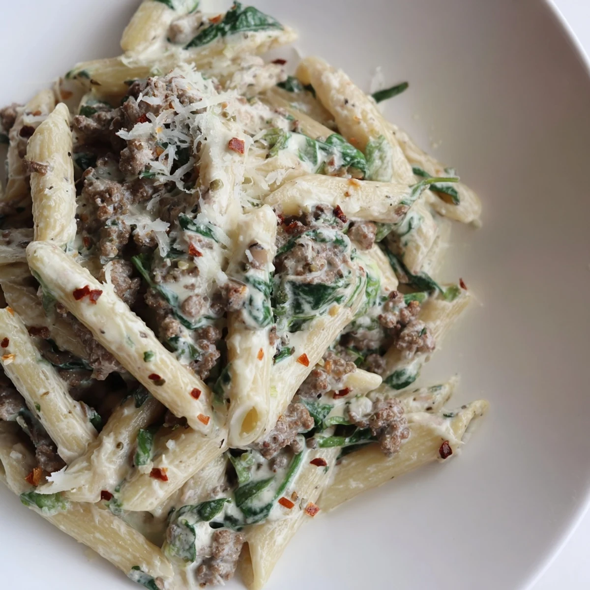 Creamy high protein beef pasta in a white bowl with melted Parmesan and fresh spinach