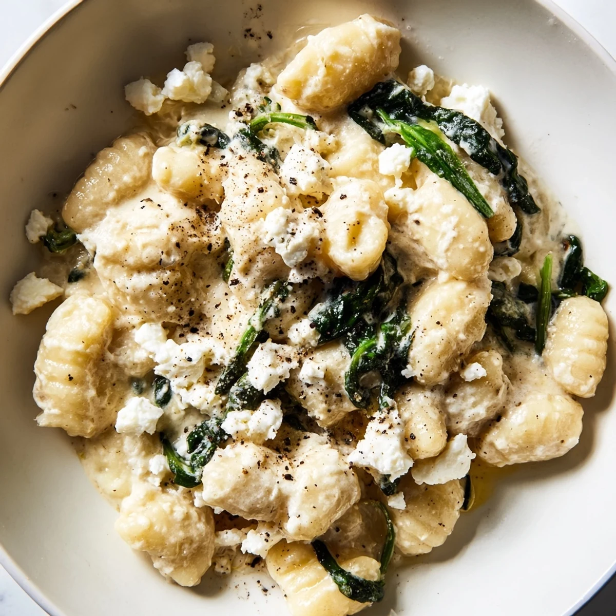 Creamy gnocchi with spinach and feta topped with crumbled cheese in white sauce