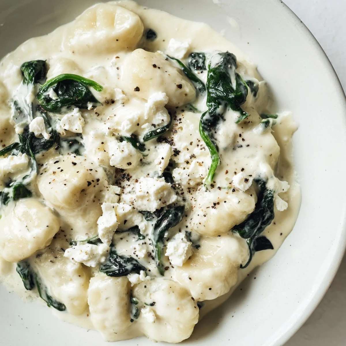 Golden potato gnocchi tossed with wilted spinach and tangy feta in cream