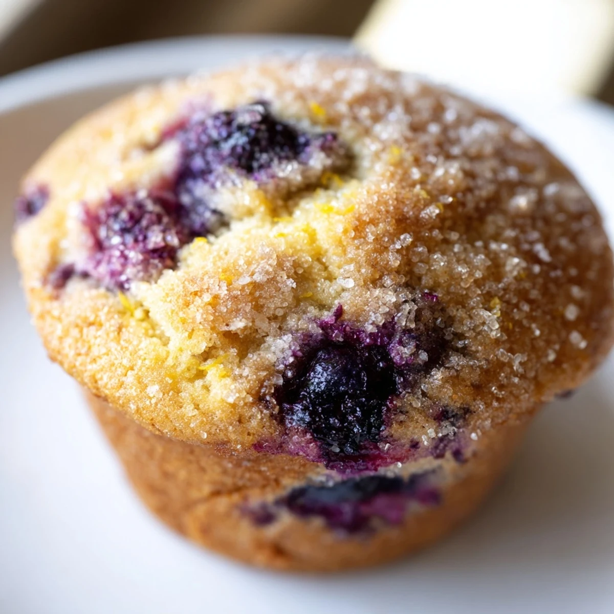 Golden lemon blueberry muffins topped with sparkling sugar on a rustic wooden board