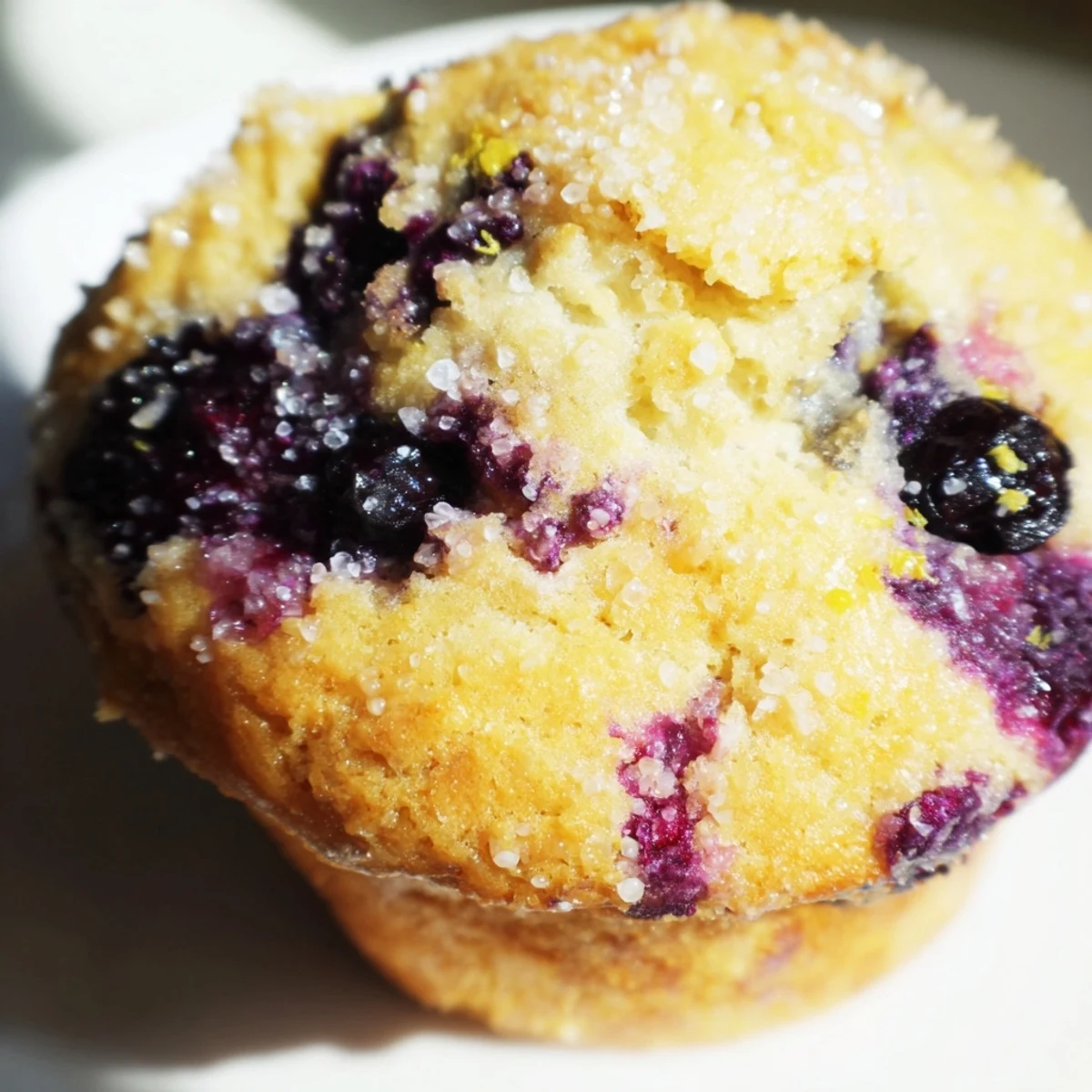 Fresh lemon blueberry muffins with burst blueberries served warm on a white plate