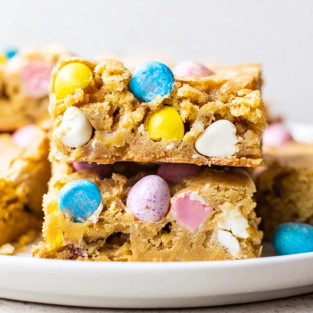 Chewy Mini Cadbury Easter Egg Blondies with colorful candy pieces scattered throughout golden bars