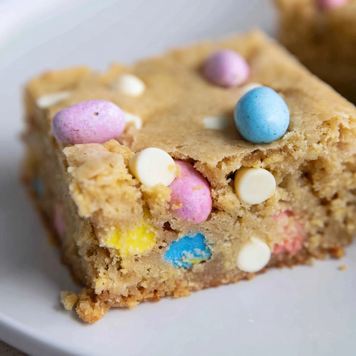 Golden brown Mini Cadbury Easter Egg Blondies studded with pastel chocolate eggs and white chocolate
