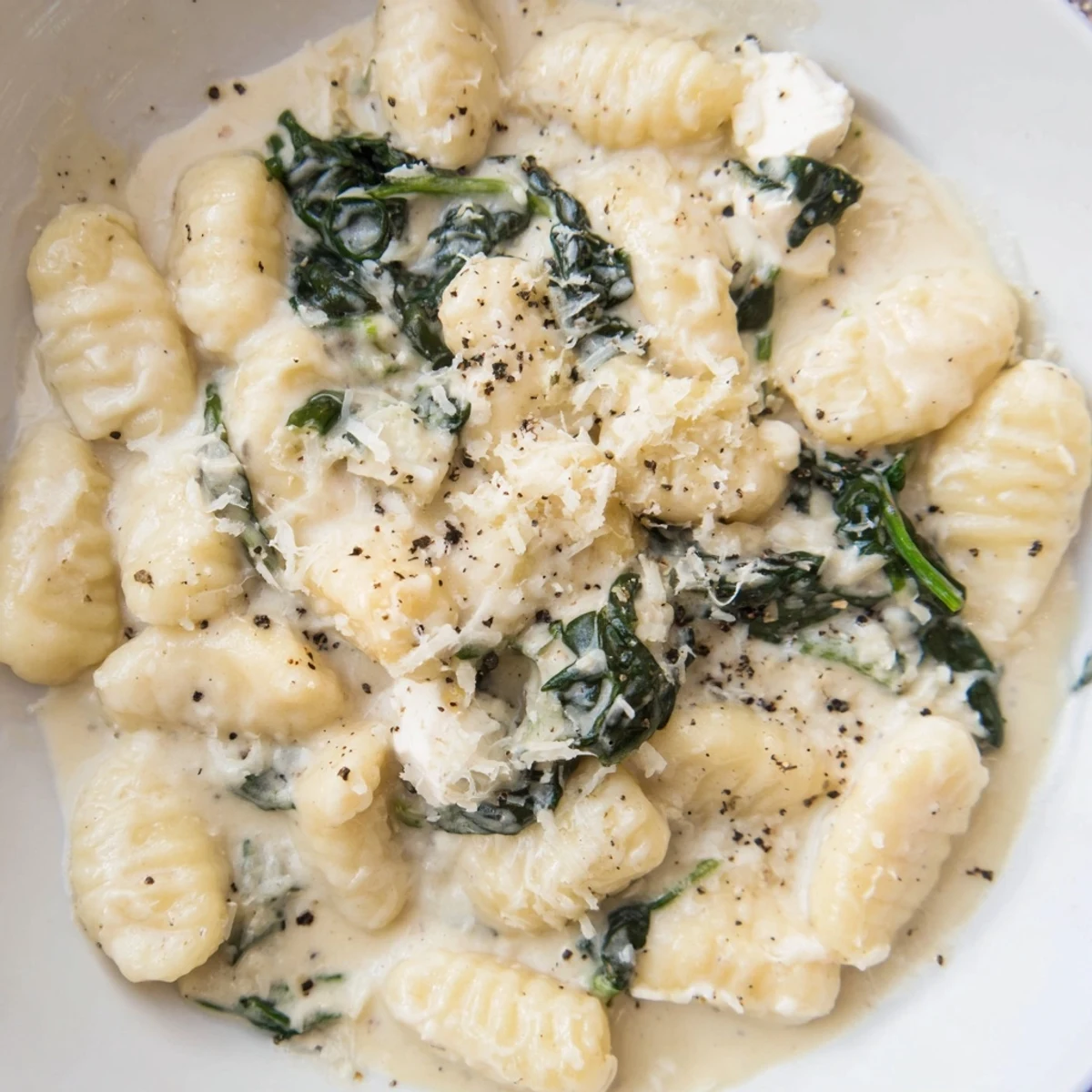 Creamy gnocchi with spinach and feta served in a rustic white bowl