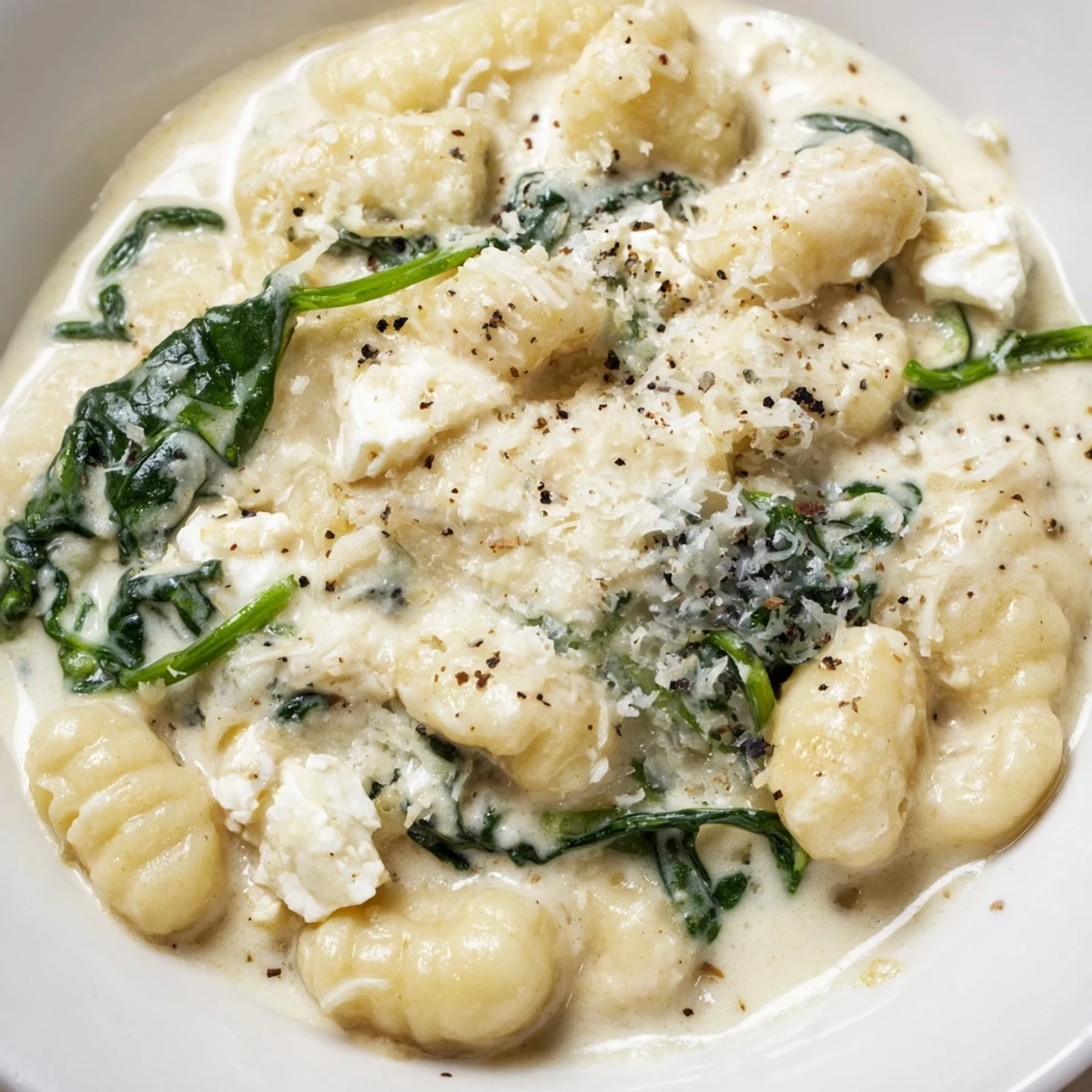 Steaming plate of creamy gnocchi with wilted spinach and crumbled feta garnished with pepper