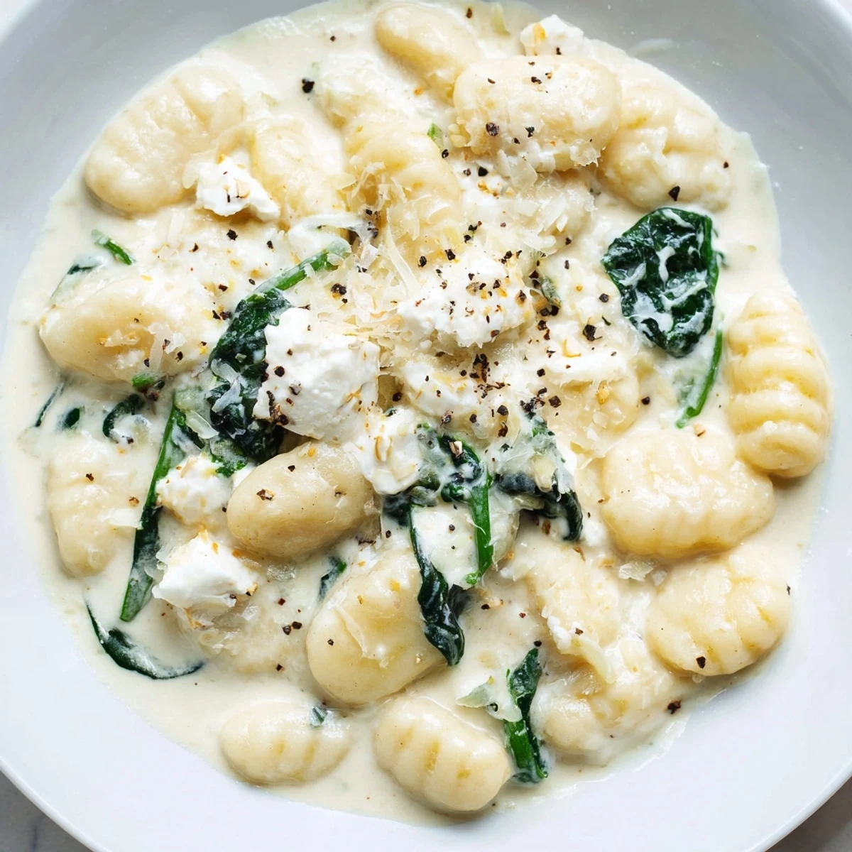 Golden pan-seared gnocchi with spinach and feta resting on a wooden serving board