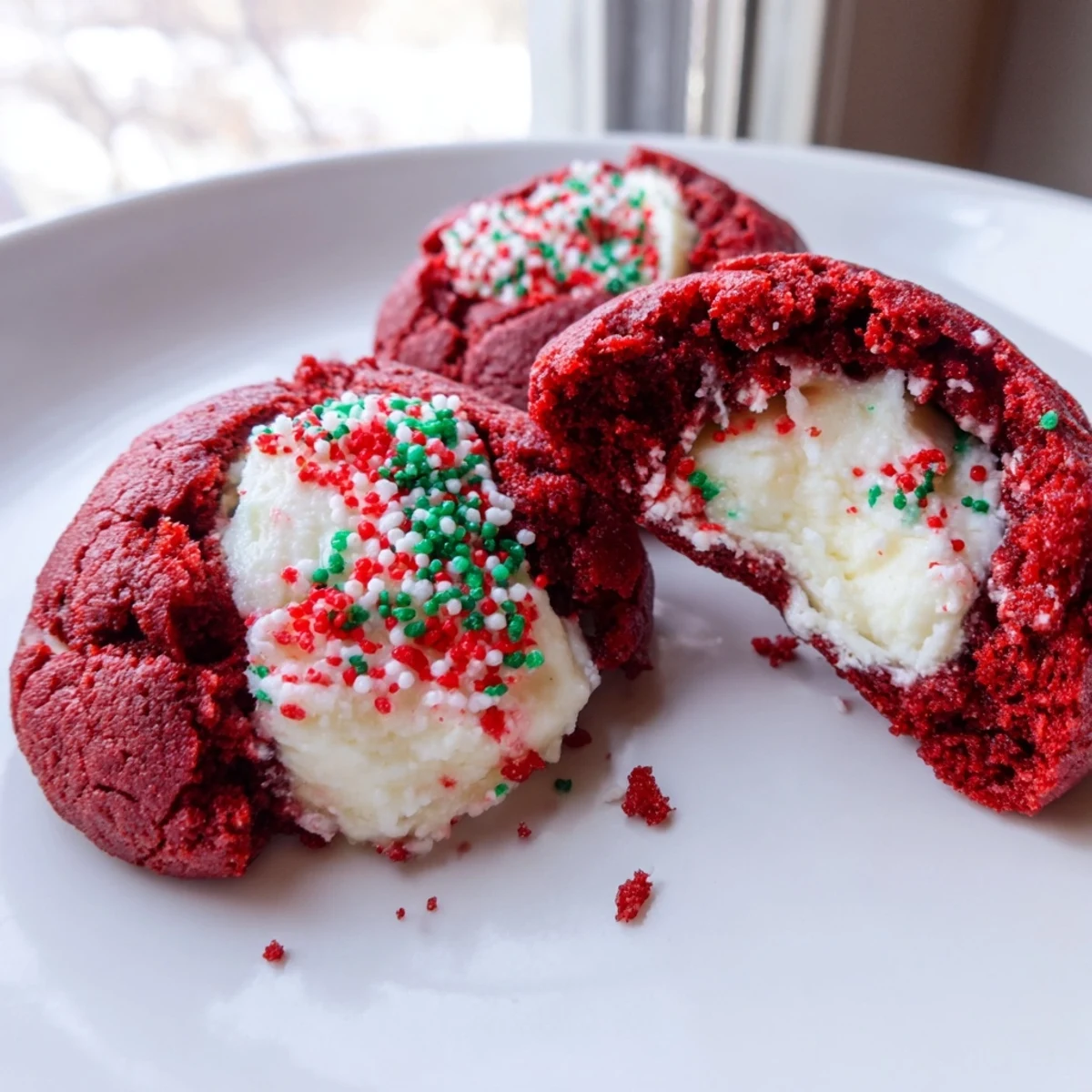 Red velvet thumbprint cookies with creamy cheesecake filling on a rustic white serving platter